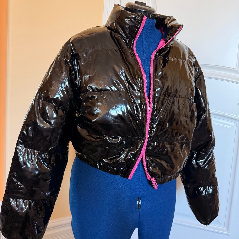 SHEIN Black Cropped Puffer Jacket | Size 16Y (Small) | Pink Lining | New